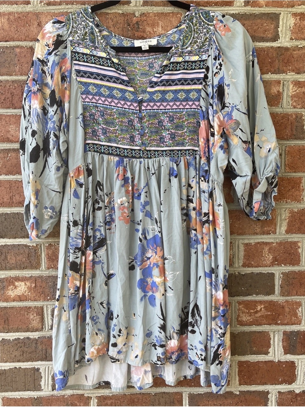 Umgee Light Blue Floral Embroidered Boho Mini Dress